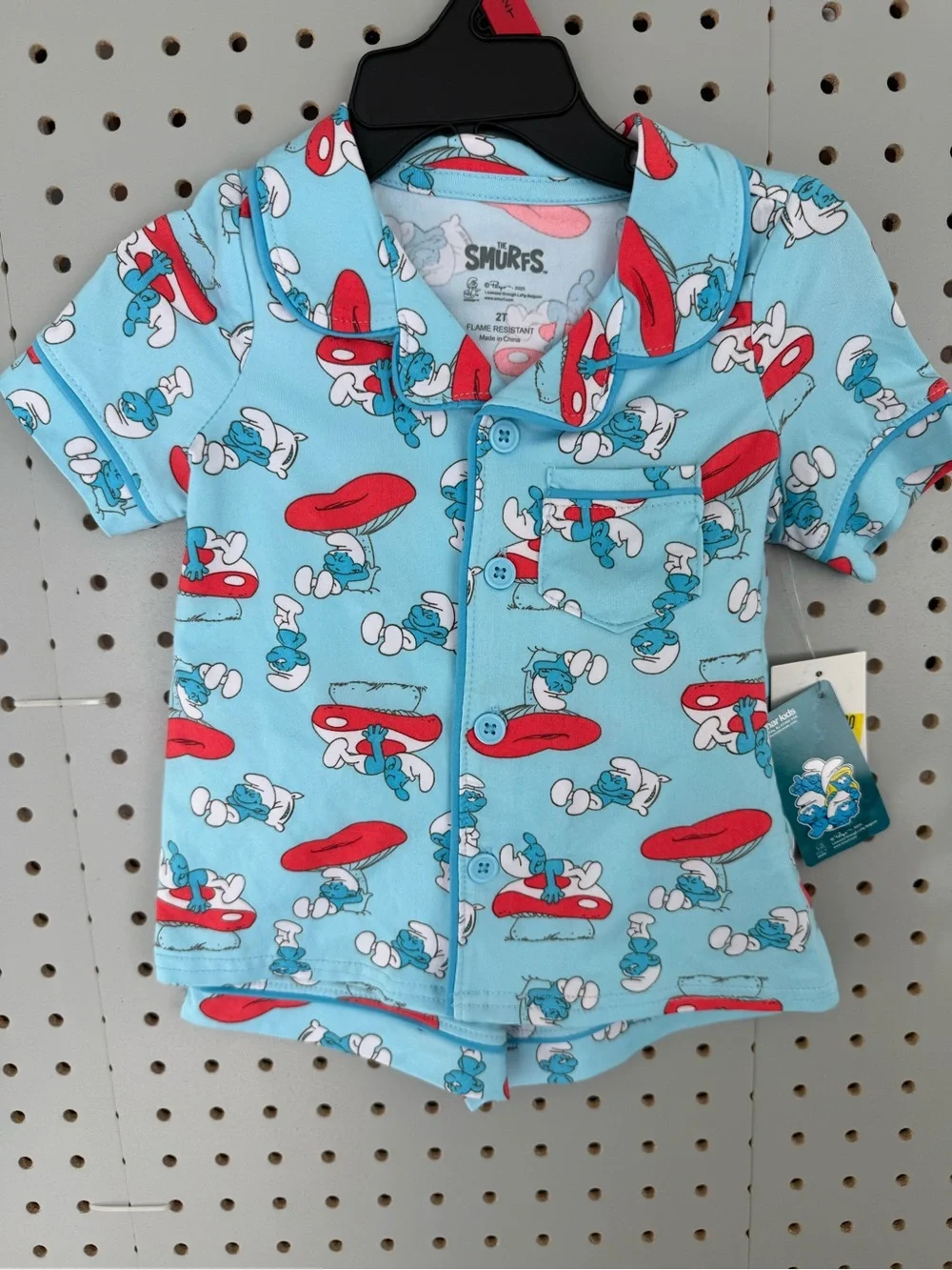 The Smurfs Light Blue Toddler Pajama Set with Red Mushroom Print
